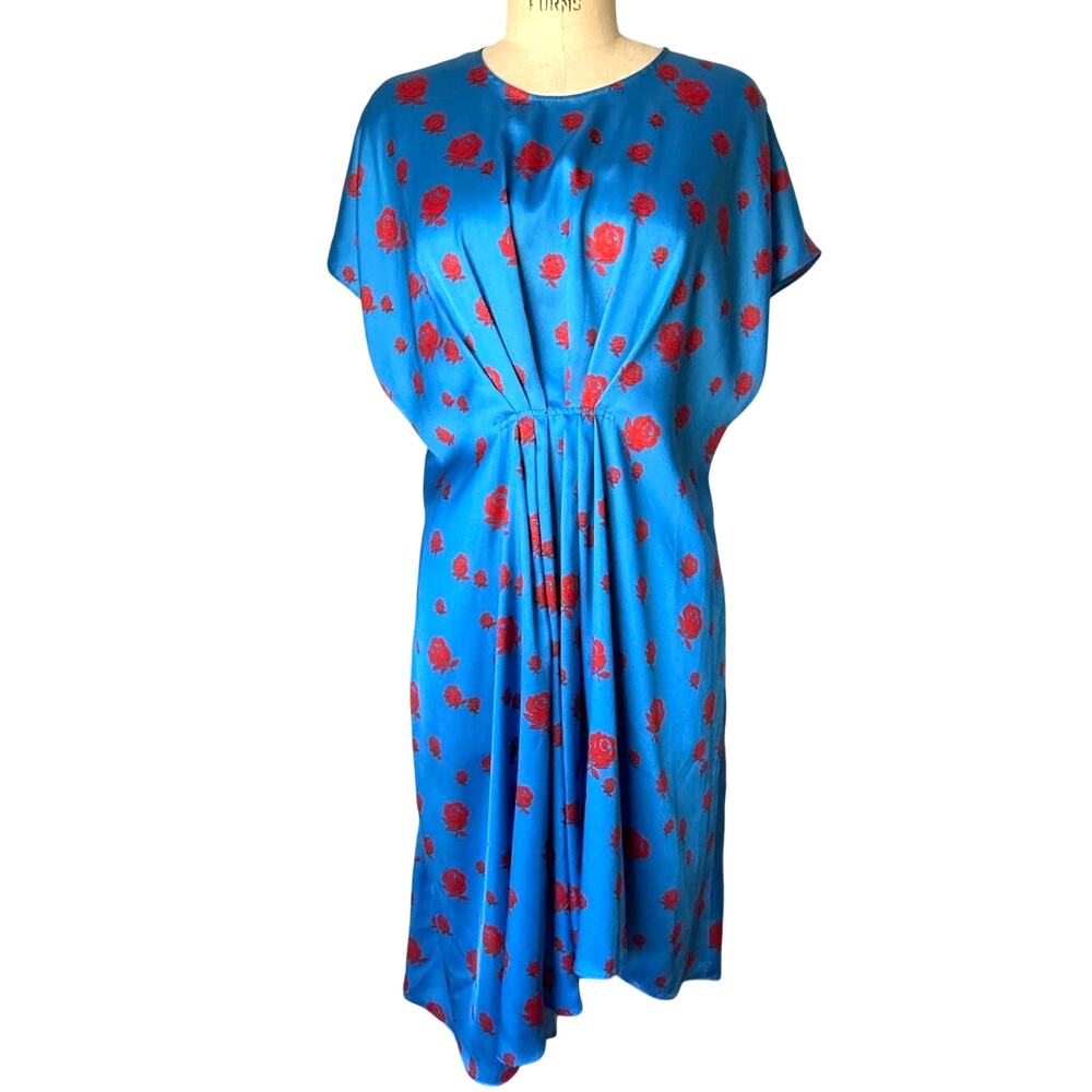 Kenzo Midi Asymmetric Dress in Blue with Red Roses Size 42 US 10 New with Tags